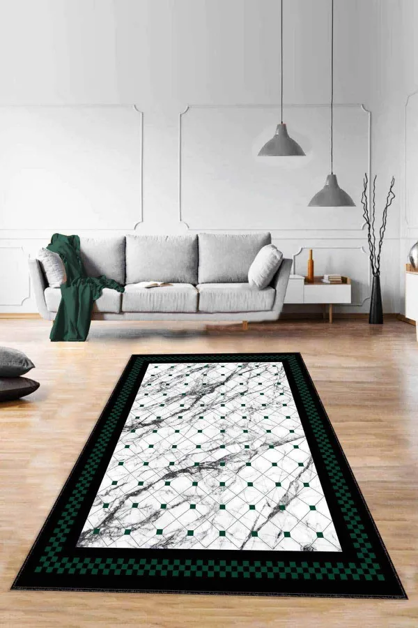 Salon Halısı Yeşil Yeşil Geometrik Kaymaz Taban Makinede Yıkanabilir Halı RV148