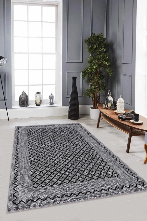 Salon Halısı Gri Gri Geometrik Kaymaz Tabanlı Makinede Yıkanabilir Halı RV173