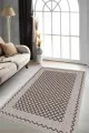 Vizon Salon Halısı Bej Geometrik Kaymaz Tabanlı Makinede Yıkanabilir Halı RV175