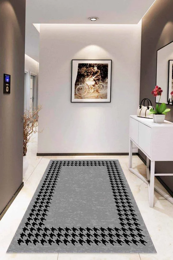 Salon Halısı Gri Gri Çerçeveli Kaymaz Tabanlı Makinede Yıkanabilir Halı RV179