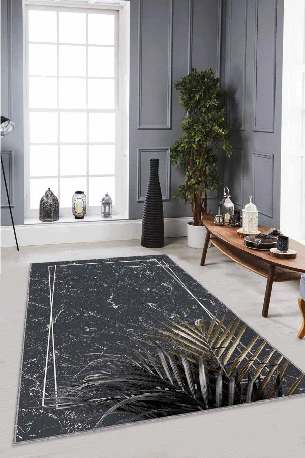 Antrasit Salon Halısı Antrasit Modern Klasik Kaymaz Tabanlı Dekoratif Halı RV185