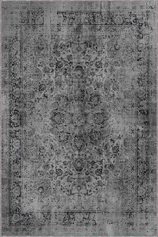 Salon Halısı Gri Gri Vintage Kaymaz Tabanlı Makinede Yıkanabilir Halı RV277