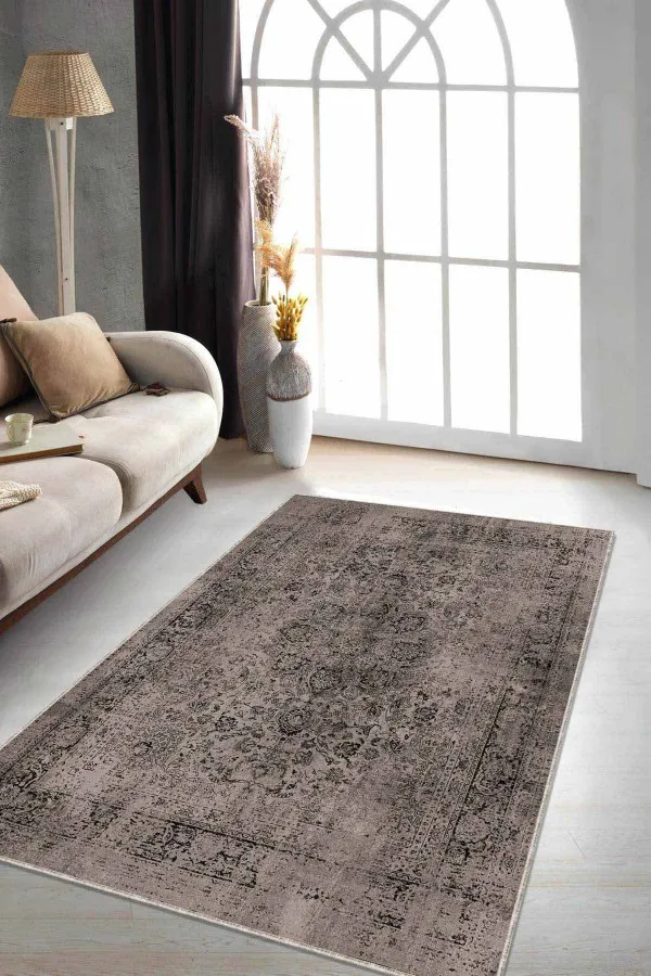 Vizon Salon Halısı Bej Vintage Kaymaz Tabanlı Makinede Yıkanabilir Halı RV278