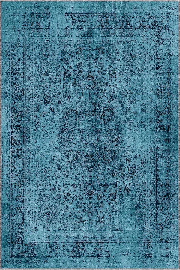 Mavi Vintage Kaymaz Tabanlı Makinede Yıkanabilir Halı RV279