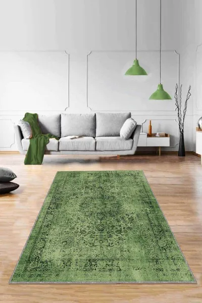 Yeşil Vintage Kaymaz Tabanlı Makinede Yıkanabilir Halı RV280