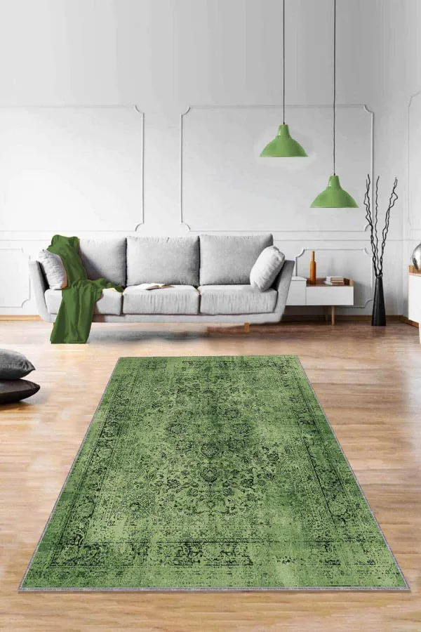 Yeşil Vintage Kaymaz Tabanlı Makinede Yıkanabilir Halı RV280