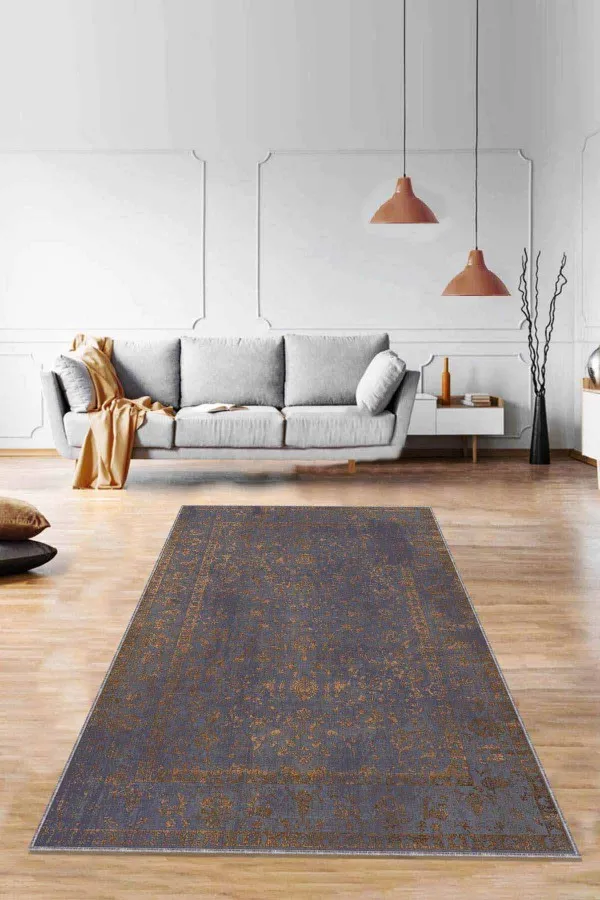Antrasit Salon Halısı Antrasit Vintage Kaymaz Tabanlı Dekoratif Halı RV285