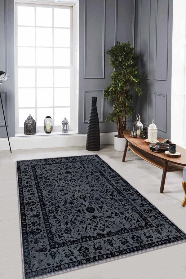 Antrasit Salon Halısı Antrasit Vintage Kaymaz Tabanlı Dekoratif Halı RV287