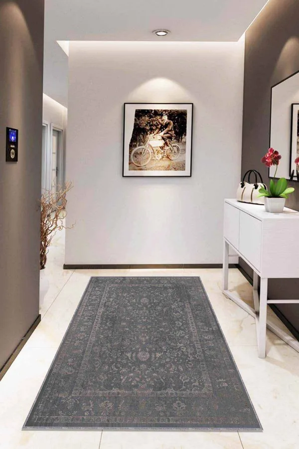 Salon Halısı Gri Gri Vintage Kaymaz Tabanlı Makinede Yıkanabilir Halı RV288