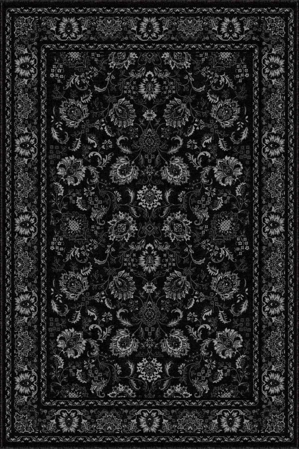 Siyah Salon Halısı Siyah Vintage Kaymaz Tabanlı Makinede Yıkanabilir Halı RV289