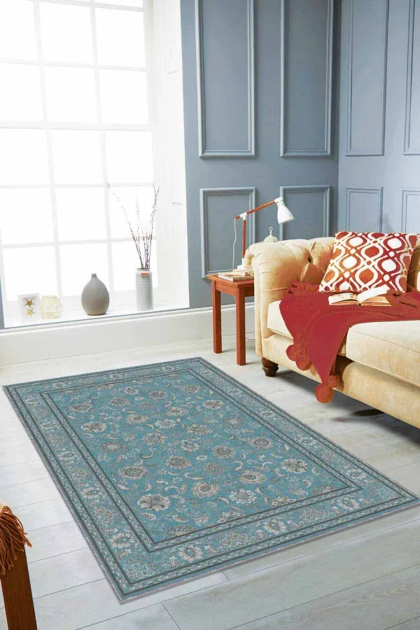 Turkuaz Salon Halısı Turkuaz Vintage Kaymaz Taban Makinede Yıkanabilir Halı RV290