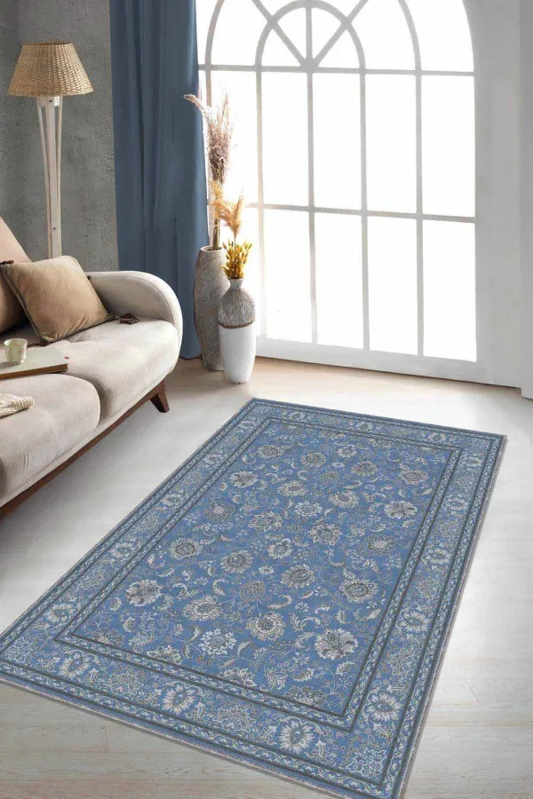Mavi Gri Salon Halısı Mavi Vintage Kaymaz Tabanlı Makinede Yıkanabilir Halı RV291