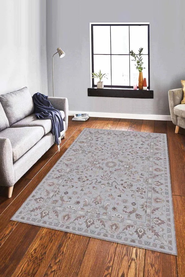 Salon Halısı Gri Gri Vintage Kaymaz Tabanlı Makinede Yıkanabilir Halı RV293
