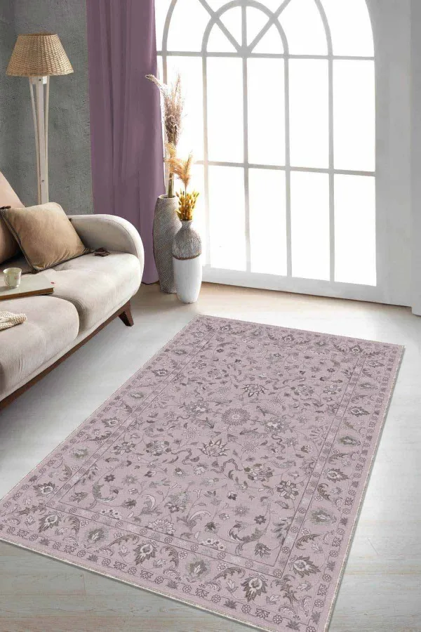 Pudra Vintage Kaymaz Tabanlı Makinede Yıkanabilir Halı RV295