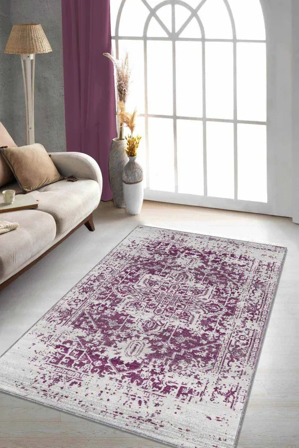Ucuz Salon Halısı Fuşya Vintage Kaymaz Tabanlı Makinede Yıkanabilir Halı RV298