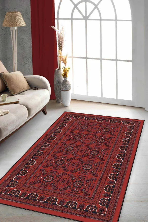 Uygun Fiyata Salon Halıları Bordo Karabağ Kaymaz Tabanlı Makinede Yıkanabilir Halı RV353