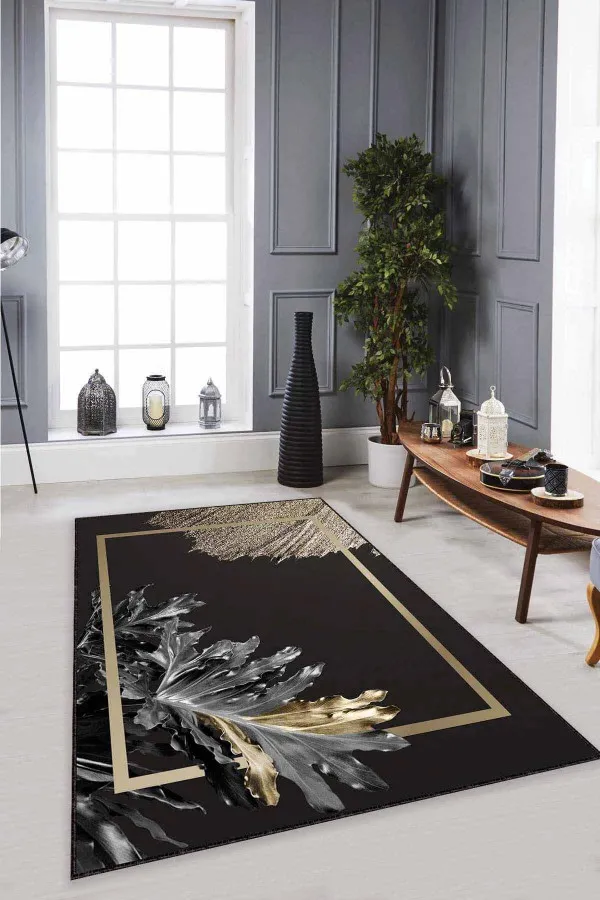 Gold Salon Halısı Siyah Gold Modern Klasik Kaymaz Tabanlı Dekoratif Halı RV355