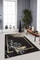 Gold Salon Halısı Siyah Gold Modern Klasik Kaymaz Tabanlı Dekoratif Halı RV355