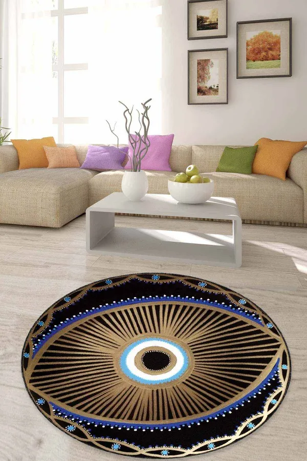120X120 Yuvarlak Paspaslar Lacivert Kaymaz Nazar Boncuklu Daire Dekoratif Halı AR1147