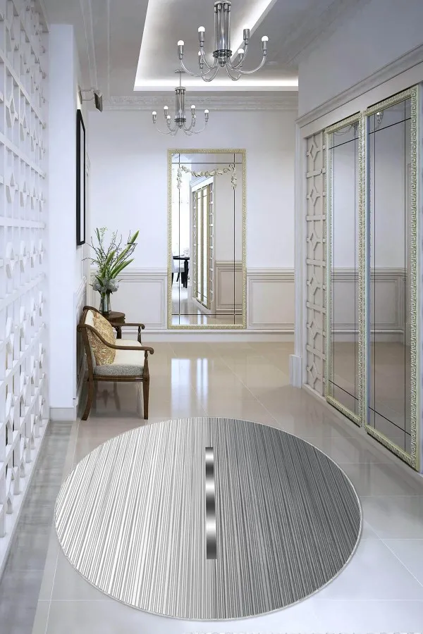 Gri Hol Halısı Gri Kaymaz Tabanlı Modern Yuvarlak Halı AR1407