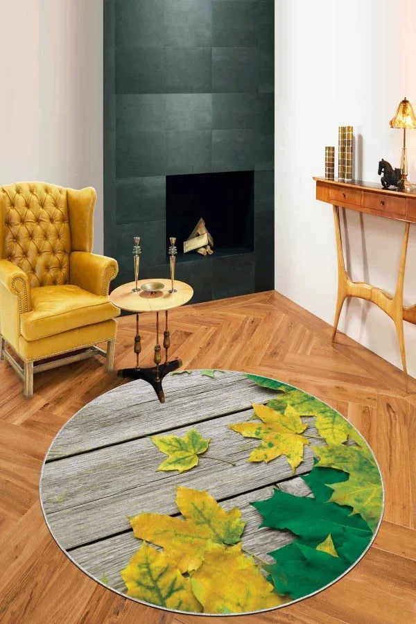 3 Boyutlu Salon Halısı Modelleri Yeşil Çınar 3D Kaymaz Tabanlı Hol Halısı Yuvarlak AR416
