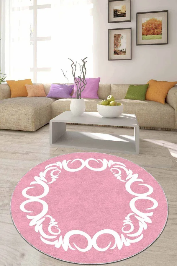 Pembe Çerçeveli Kaymaz Tabanlı Yuvarlak Yolluk Halı AR519
