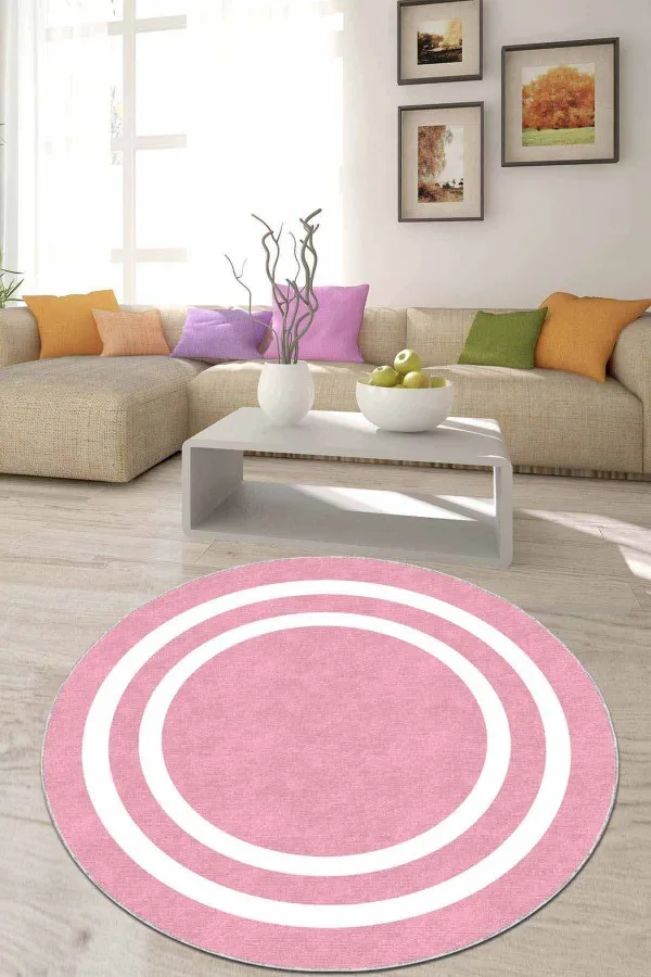 Pembe Renk Halı Pembe Çerçeveli Kaymaz Taban Yıkanan Yolluk Yuvarlak AR520
