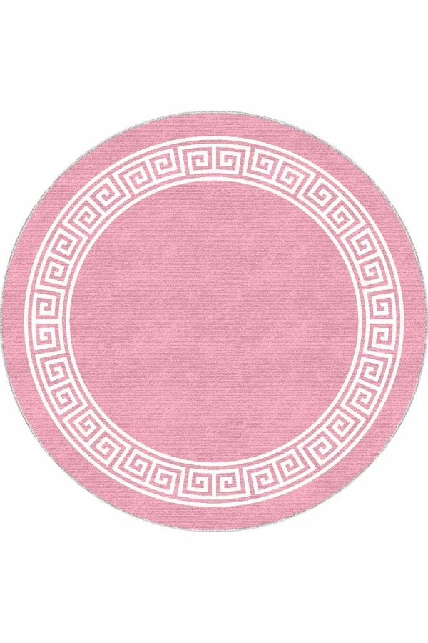 Pembe Beyaz Halı Pembe Çerçeveli Kaymaz Tabanlı Yuvarlak Halı Yolluk AR521