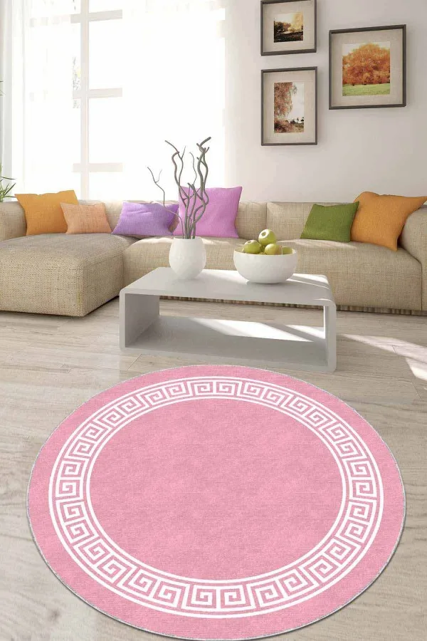 Pembe Beyaz Halı Pembe Çerçeveli Kaymaz Tabanlı Yuvarlak Halı Yolluk AR521