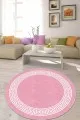 Pembe Beyaz Halı Pembe Çerçeveli Kaymaz Tabanlı Yuvarlak Halı Yolluk AR521