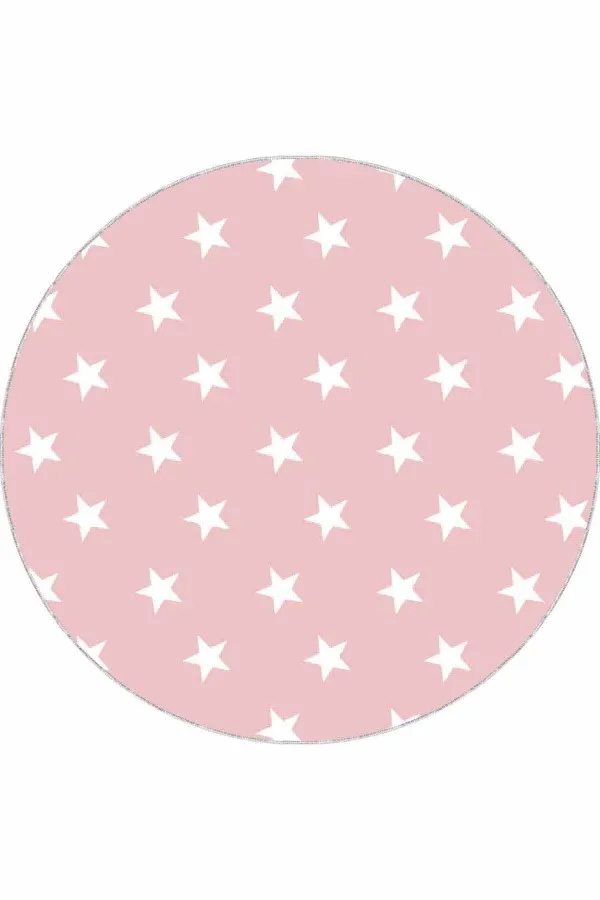 Açık Pembe Halı Pembe Yıldızlı Kaymaz Taban Yıkanabilir Yuvarlak Halı AR606