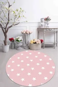 Pembe Yıldızlı Kaymaz Taban Yıkanabilir Yuvarlak Halı AR606 Pembe Yıldızlı Kaymaz Taban Yıkanabilir Yuvarlak Halı AR606