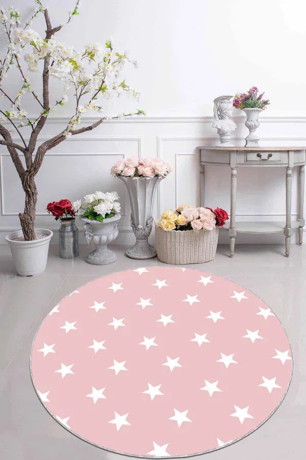 Açık Pembe Halı Pembe Yıldızlı Kaymaz Taban Yıkanabilir Yuvarlak Halı AR606