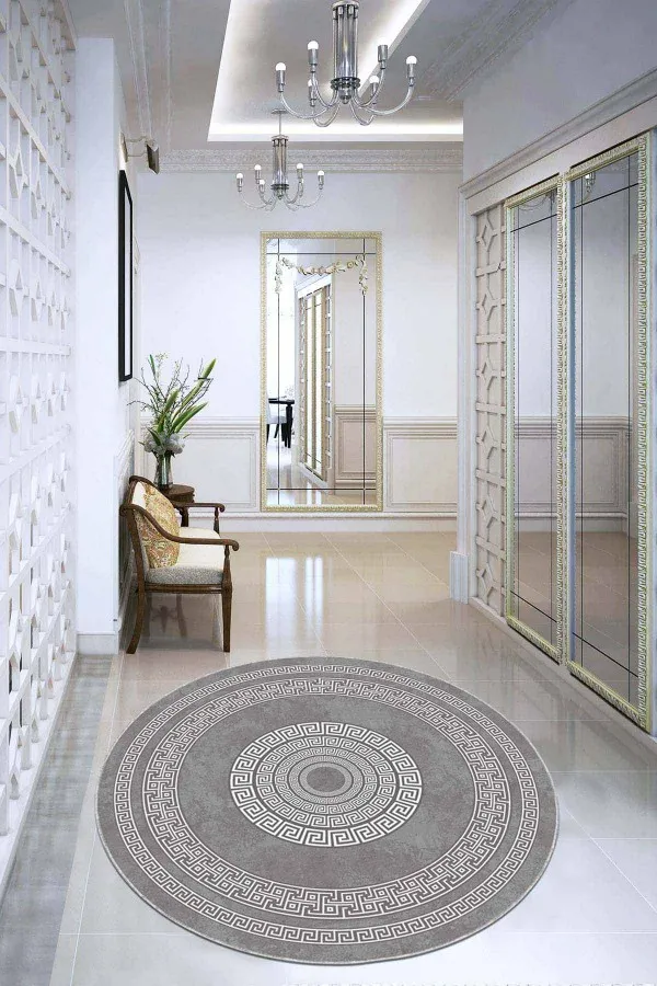 Gri Hali Modelleri Gri Çerçeveli Kaymaz Tabanlı Yıkanabilir Yuvarlak Halı AR926