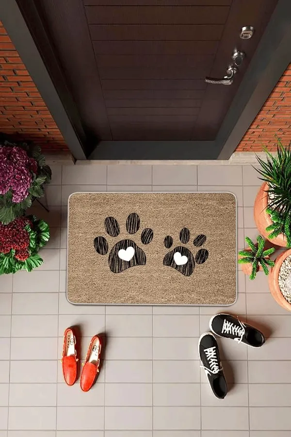 Kedili Kapı Önü Paspası Bej Kedi Pati Desenli Kapı Önü Paspası KP08