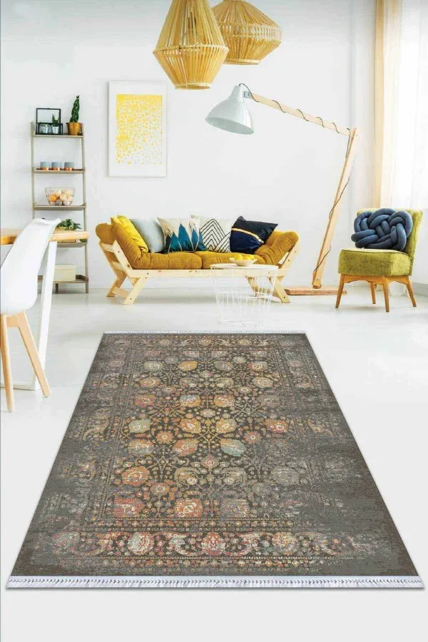 Kilim 140X200 Antrasit Modern Dokuma Pamuk Taban Kaymaz Kilim KLM003