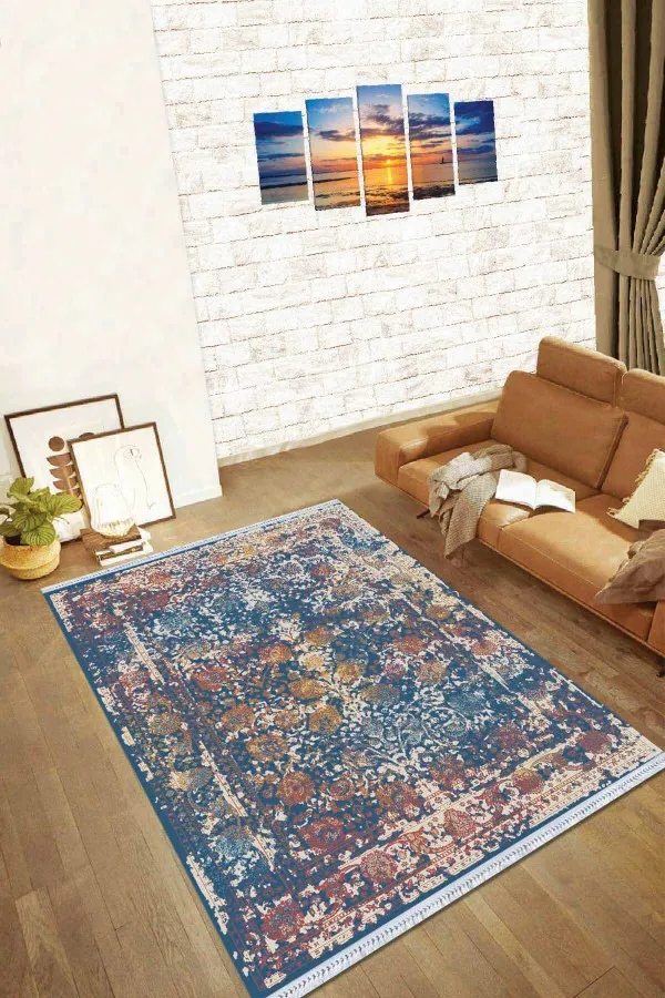Kilim 6 M2 Lacivert Modern Dokuma Pamuk Taban Kaymaz Kilim KLM005