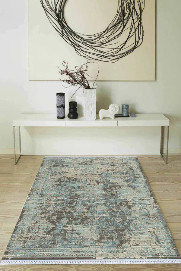 Modern Kilim Desenleri Mavi Modern Dokuma Pamuk Tabanlı Kaymaz Kilim KLM007