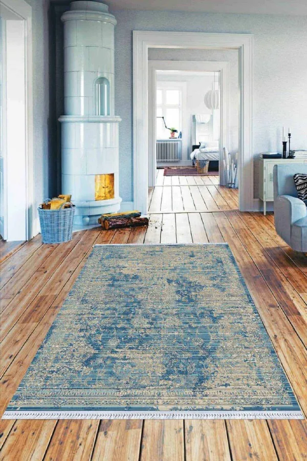 Modern Kilim Halı Mavi Modern Dokuma Pamuk Tabanlı Kaymaz Kilim KLM008