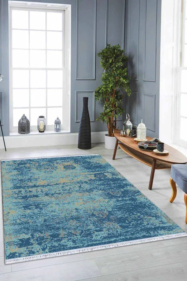 Kilim Yolluk 100X300 Mavi Modern Dokuma Pamuk Tabanlı Kaymaz Kilim KLM014