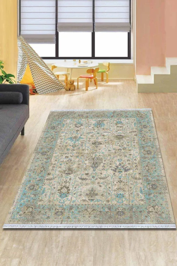 Kilim Yolluk Fiyatları Mavi Çerçeveli Dokuma Pamuk Taban Kaymaz Kilim KLM018