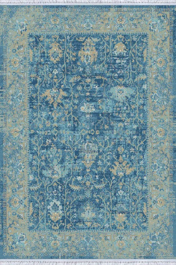 Mavi Çerçeveli Dokuma Pamuk Taban Kaymaz Kilim KLM019