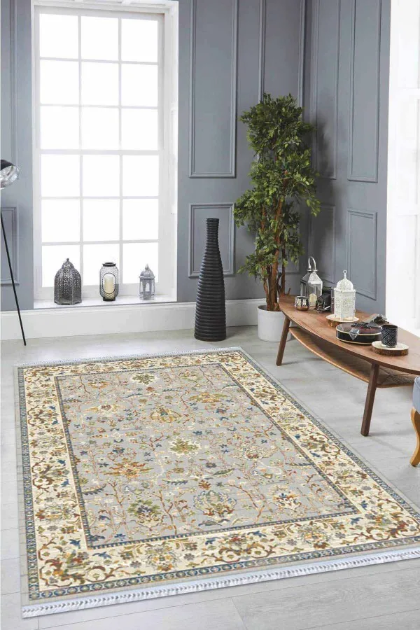 Mozaik Kilim Desen Yeşil Çerçeveli Dokuma Pamuk Taban Kaymaz Kilim KLM021