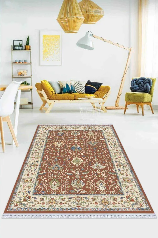 Kaymaz Taban Kilim Modelleri Kiremit Çerçeveli Dokuma Pamuk Taban Kaymaz Kilim KLM022