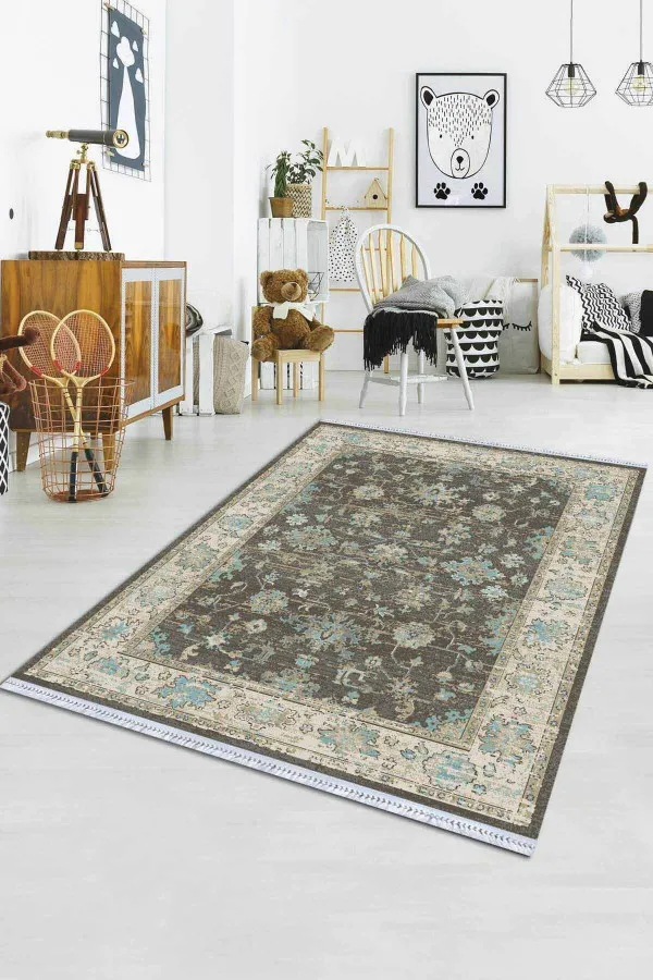 Klasik Kilim Mavi Çerçeveli Dokuma Pamuk Taban Kaymaz Kilim KLM030