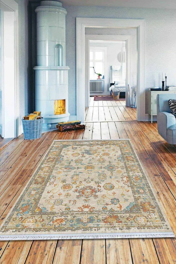 Kilim 100X200 Turuncu Çerçeveli Dokuma Pamuk Taban Kaymaz Kilim KLM031