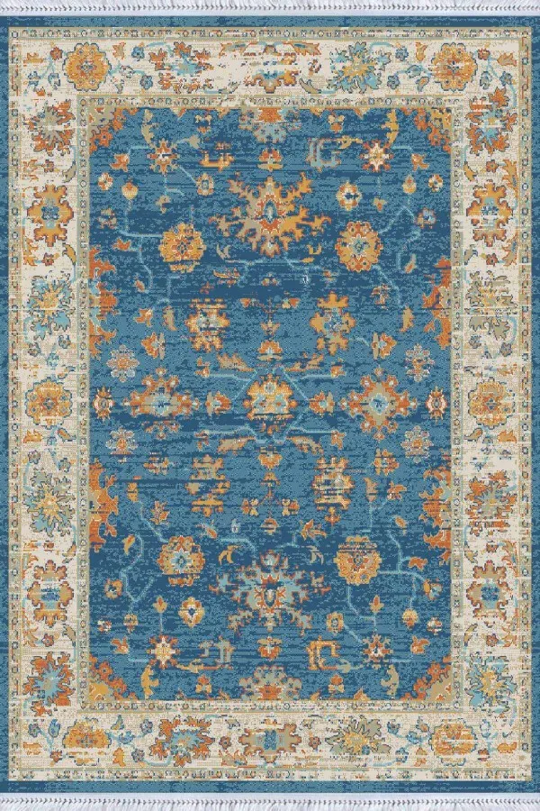 Kolay Kilim Modelleri Mavi Çerçeveli Dokuma Pamuk Taban Kaymaz Kilim KLM032