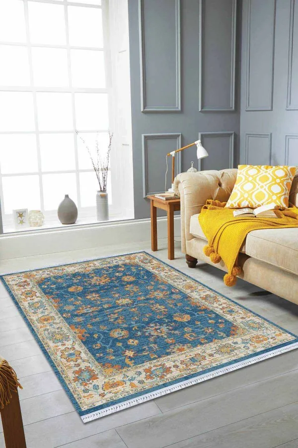 Kolay Kilim Modelleri Mavi Çerçeveli Dokuma Pamuk Taban Kaymaz Kilim KLM032