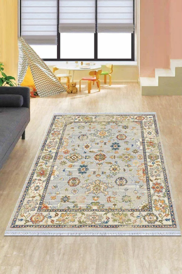 Kilim 160X230 Krem Çerçeveli Dokuma Pamuk Taban Kaymaz Kilim KLM036