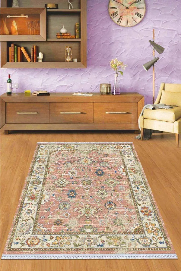 Mutfak Yıkanabilir Kilim Pembe Çerçeveli Dokuma Pamuk Taban Kaymaz Kilim KLM037